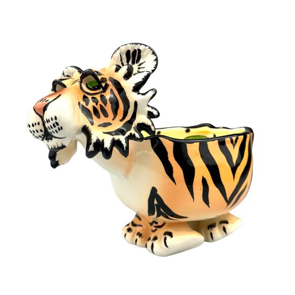 SWAK Tiger Planter Bowl Dish Whimsical Cat Striped Orange Black White Polka Dot - Picture 1 of 13